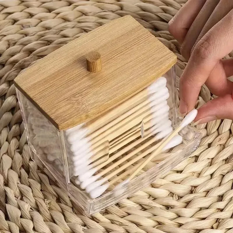 Eco-Friendly Cotton Swab Storage Box with Bamboo Lid, Transparent Square Organizer for Cotton Buds & Toothpicks