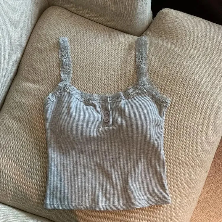 Sexy White Knit Camisole Lace Tank Top, Women's Sleeveless Crop Top, Slim Undershirt with Chest Pad, Cute Summer Ves