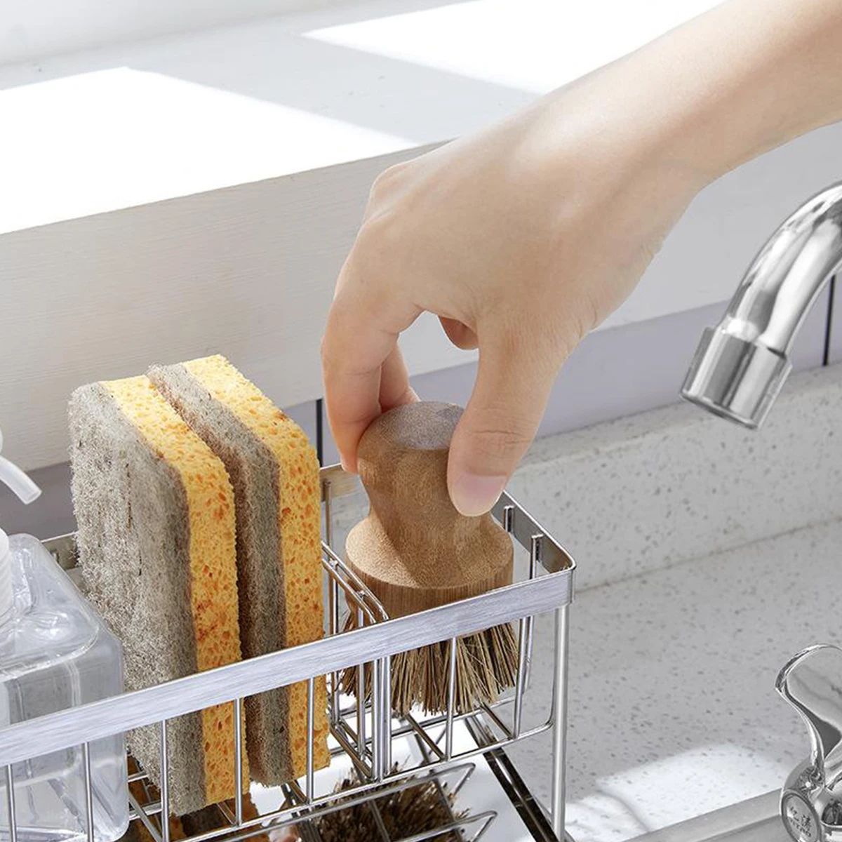 Premium 4-in-1 Stainless Steel Sink Caddy – Kitchen Sponge Holder & Soap Dispenser Brush Drainer Rack with Removable Dra