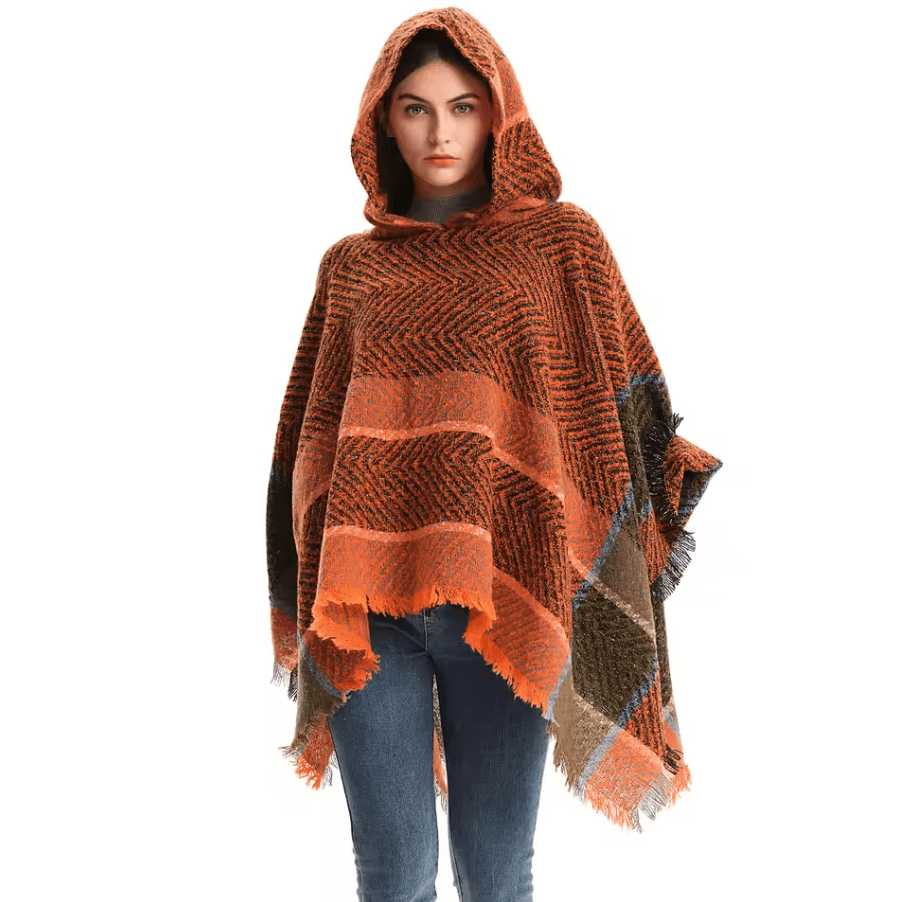 Hooded Fishbone Pattern Women Cape Poncho Autumn Winter Pullover Women Hooded Cloak