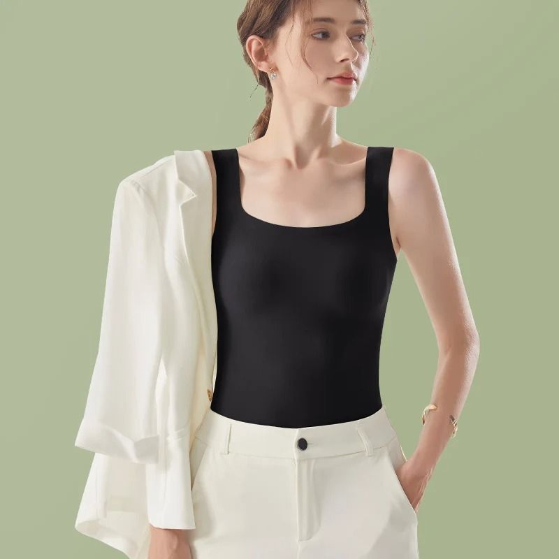 HELIAR Women Seamless Crop Tank Top with Bra Pad Square Collar Ice Silk Comfort