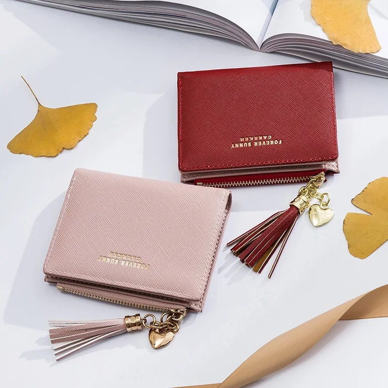 Fashion Womens RFID Wallet with Tassel Stylish Mini Zipper Coin Purse Small Leather Card Holder for Women