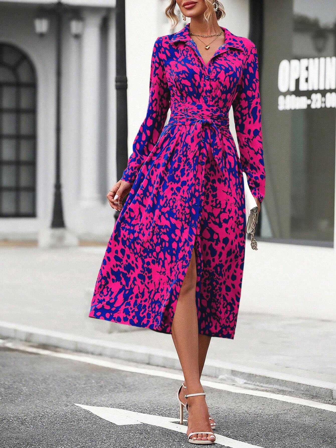 Women's Long Sleeve Belted Waist Midi Dress, Elegant Random Print Button Down Shirt Dress, Spring Fall Office Casual