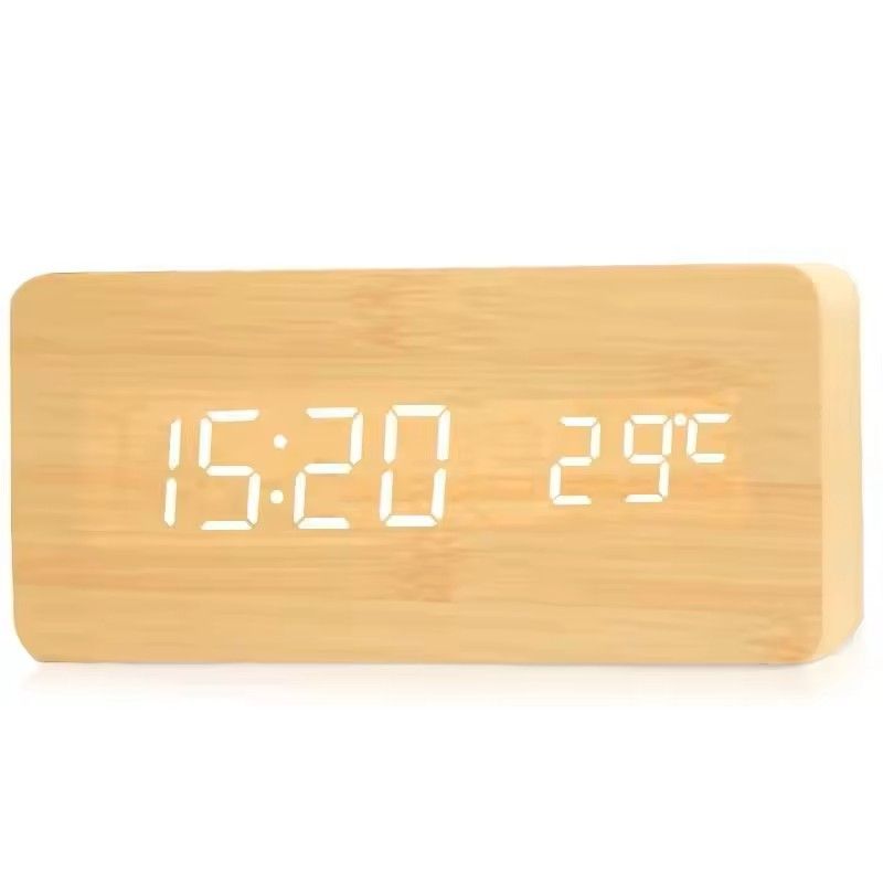 Wooden LED Digital Alarm Clock with Temperature Display – Desk / Bedside Clock for Home & Office