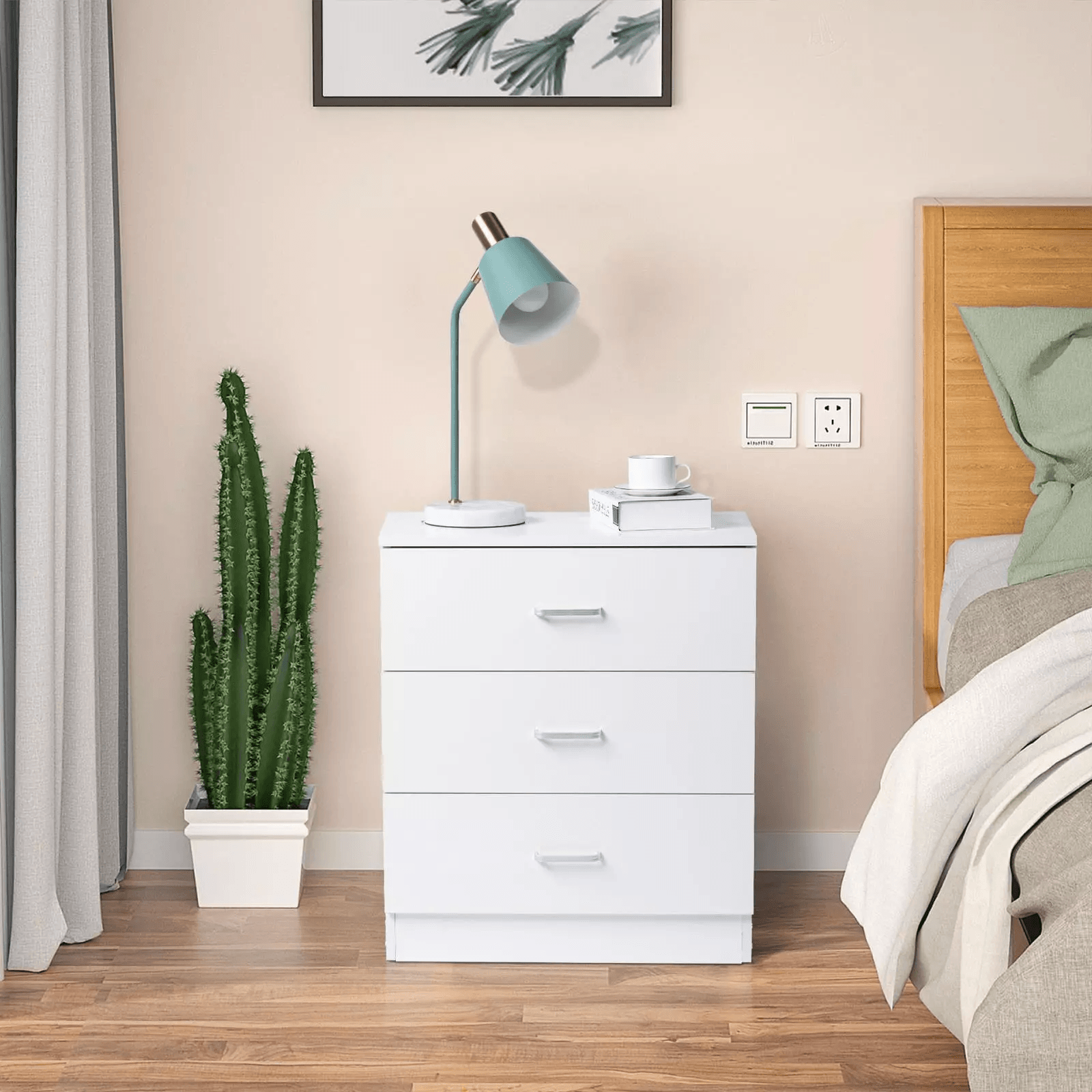 Wooden Nightstand with 3 Drawers – Bedside Table Accent for Bedroom Storage Chest of Dresser, Durable White Wood Cabinet