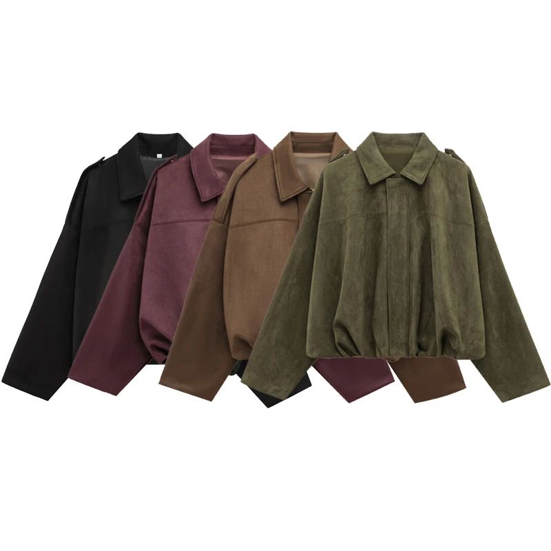 HXAO Cropped Suede Bomber Jacket Women Lapel Zipper Racing Coat