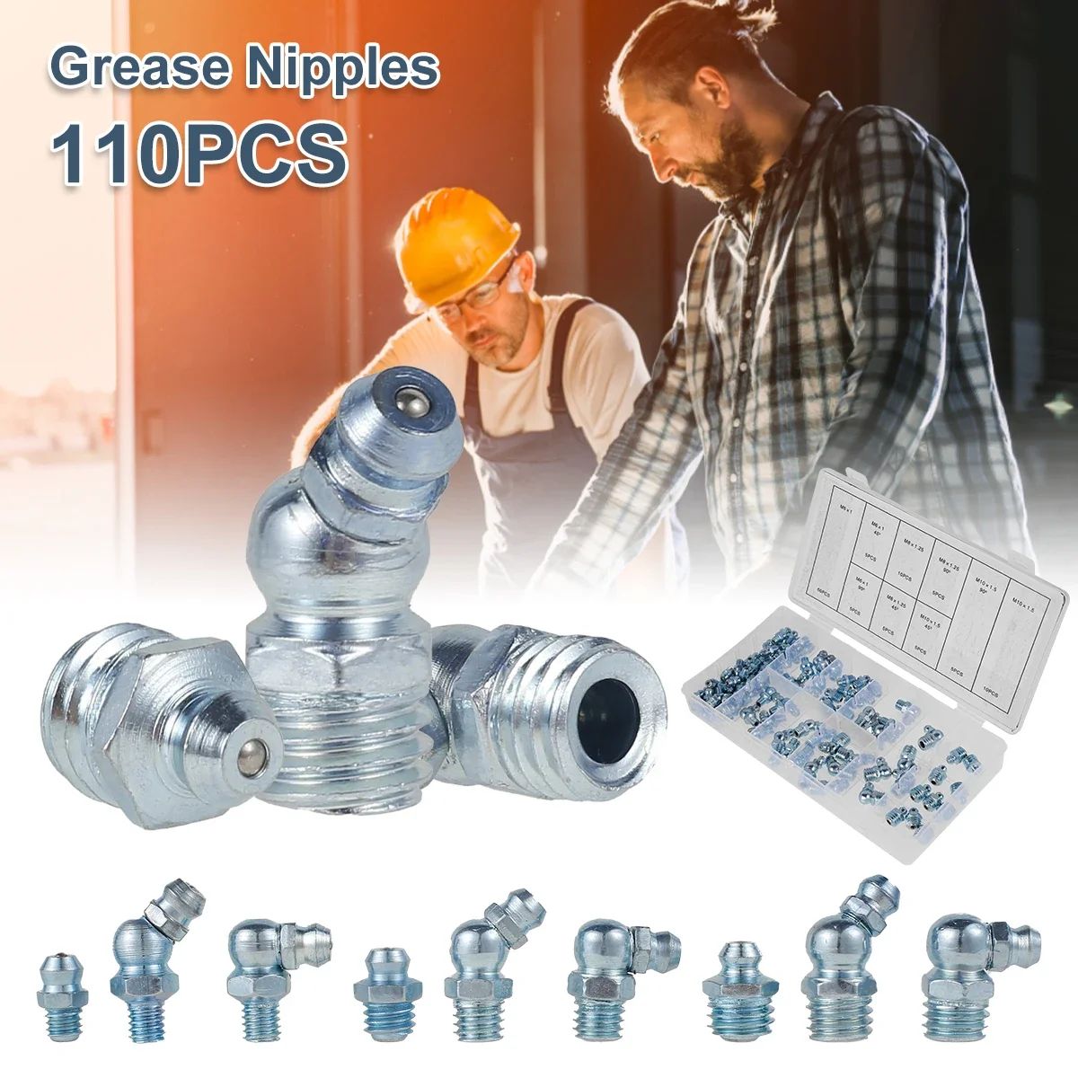 110 Piece Grease Nipple Fittings Kit Straight and Angled Zerk Fittings Set for Automotive Use
