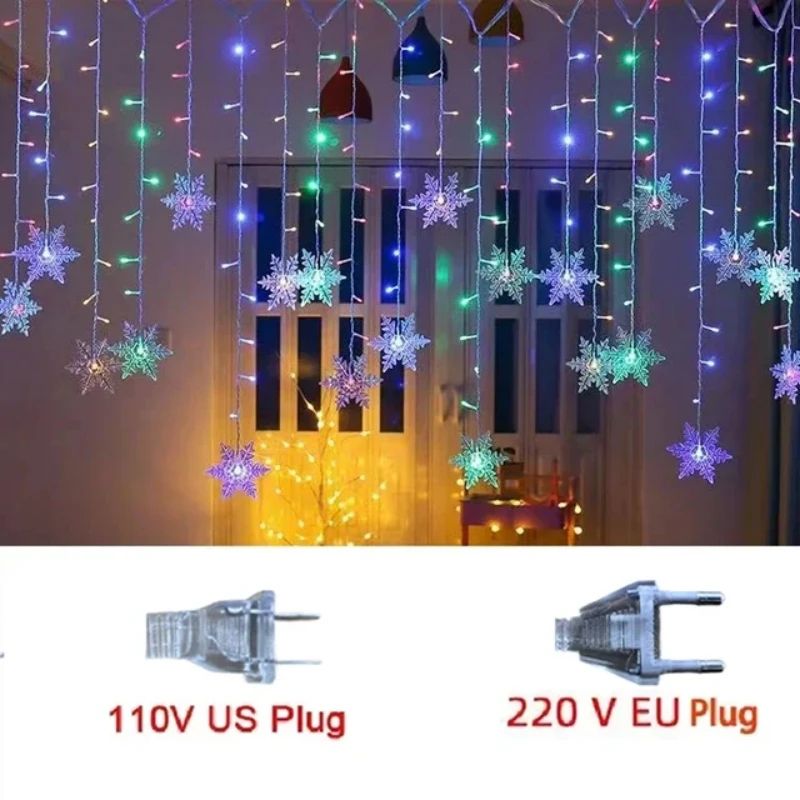 Christmas Snowflake LED Curtain String Lights – Flashing Holiday Fairy Garland