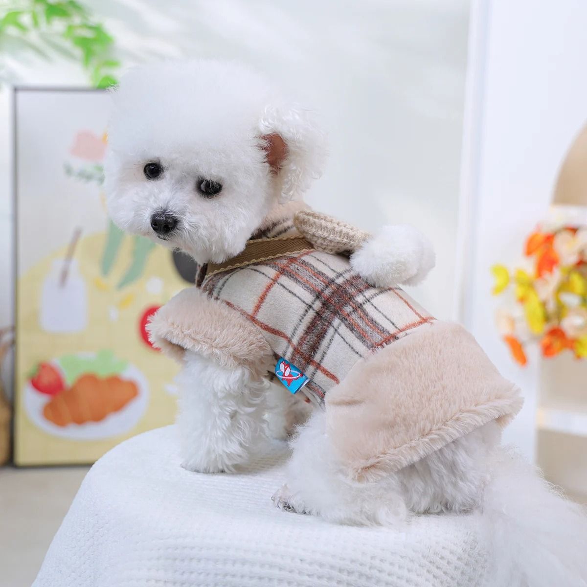 Cozy Coffee Plaid Fleece Pet Vest with Bow for Autumn and Winter Warmth