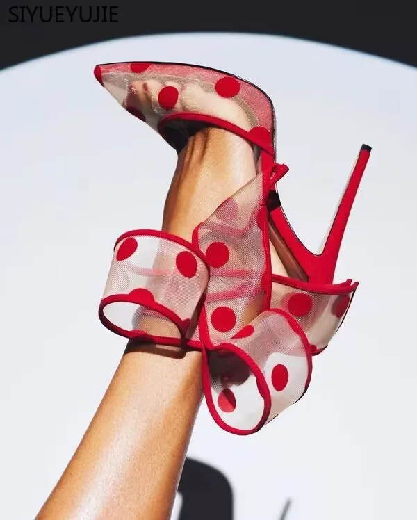 Red Mesh Polka Dot Heels Bow Stiletto Pumps for Women Party Shoes
