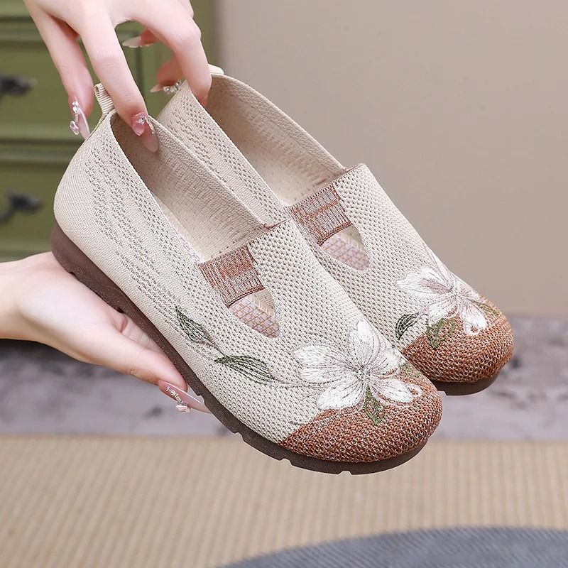 Breathable Mesh Flat Embroidered Shoes for Women