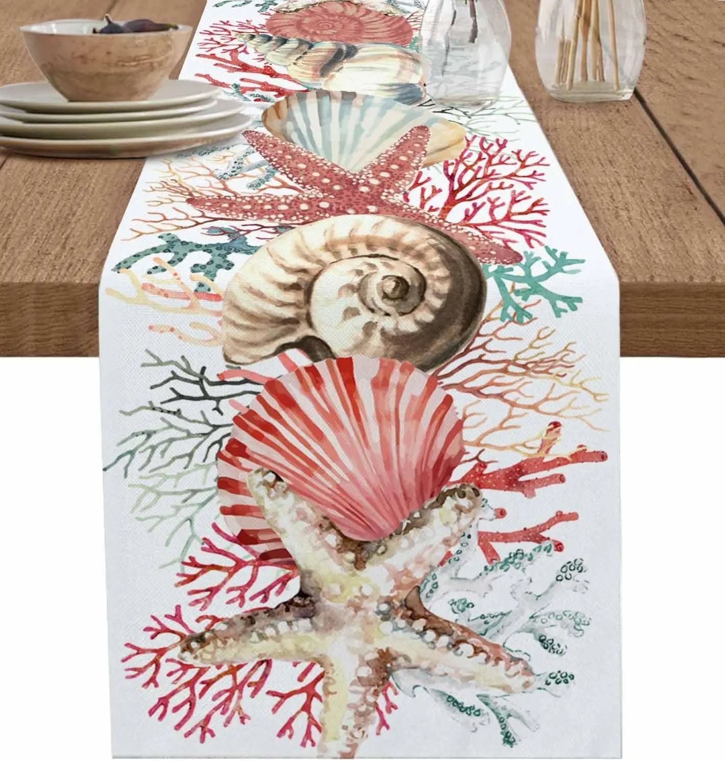 Coastal Ocean Linen Table Runner Beach Theme Dining Decor