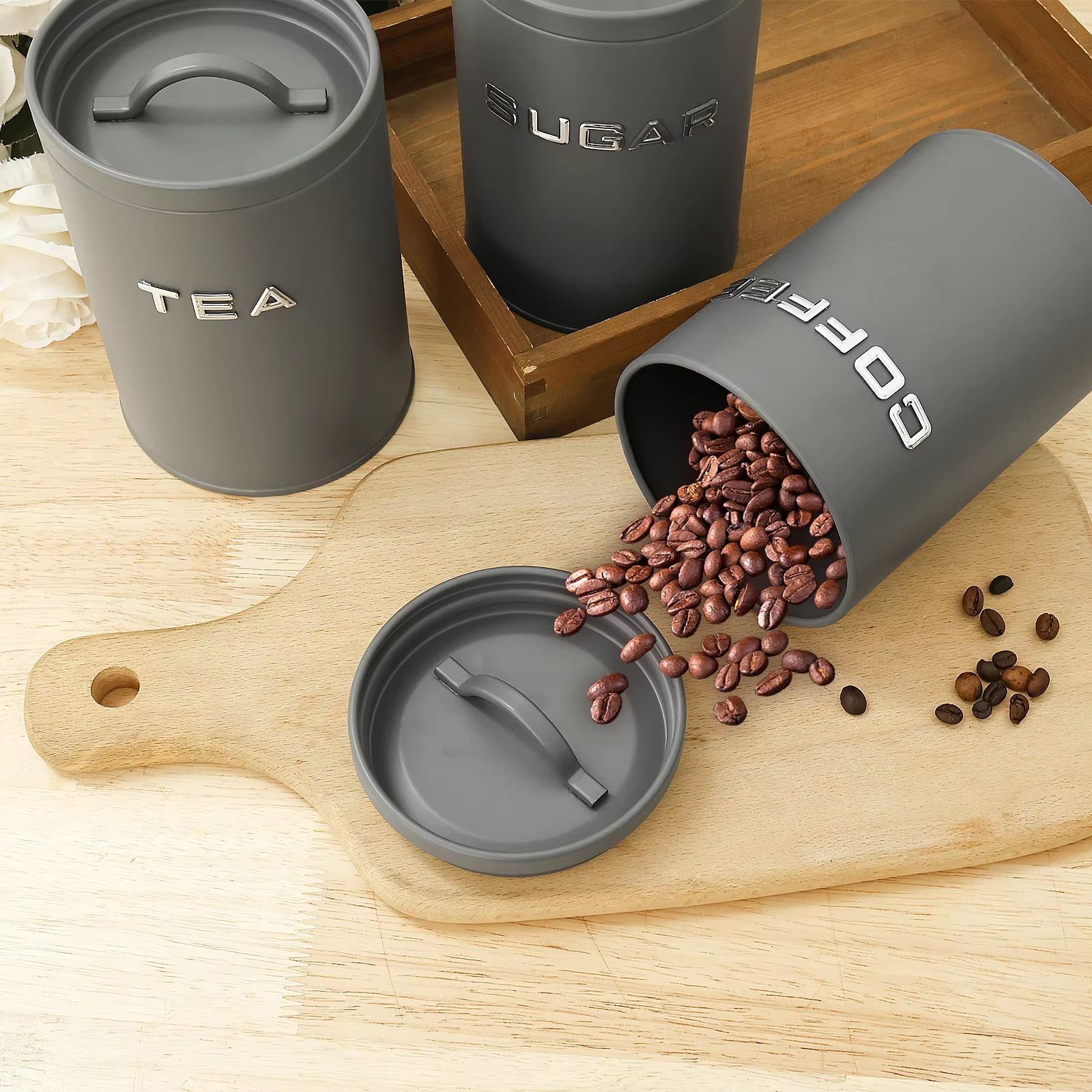 3-Piece Airtight Coffee, Tea and Sugar Canister Set for Kitchen Countertop Storage