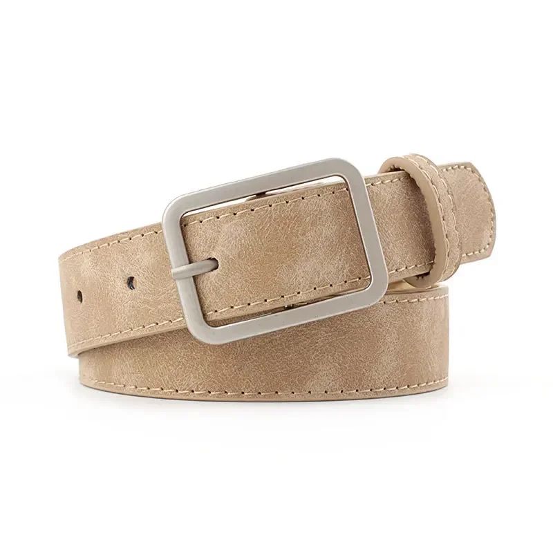 Womens Retro Leather Belt w/ Silver Square Pin Buckle - Fashion Jeans Waist Belt, Adjustable Student Waistband