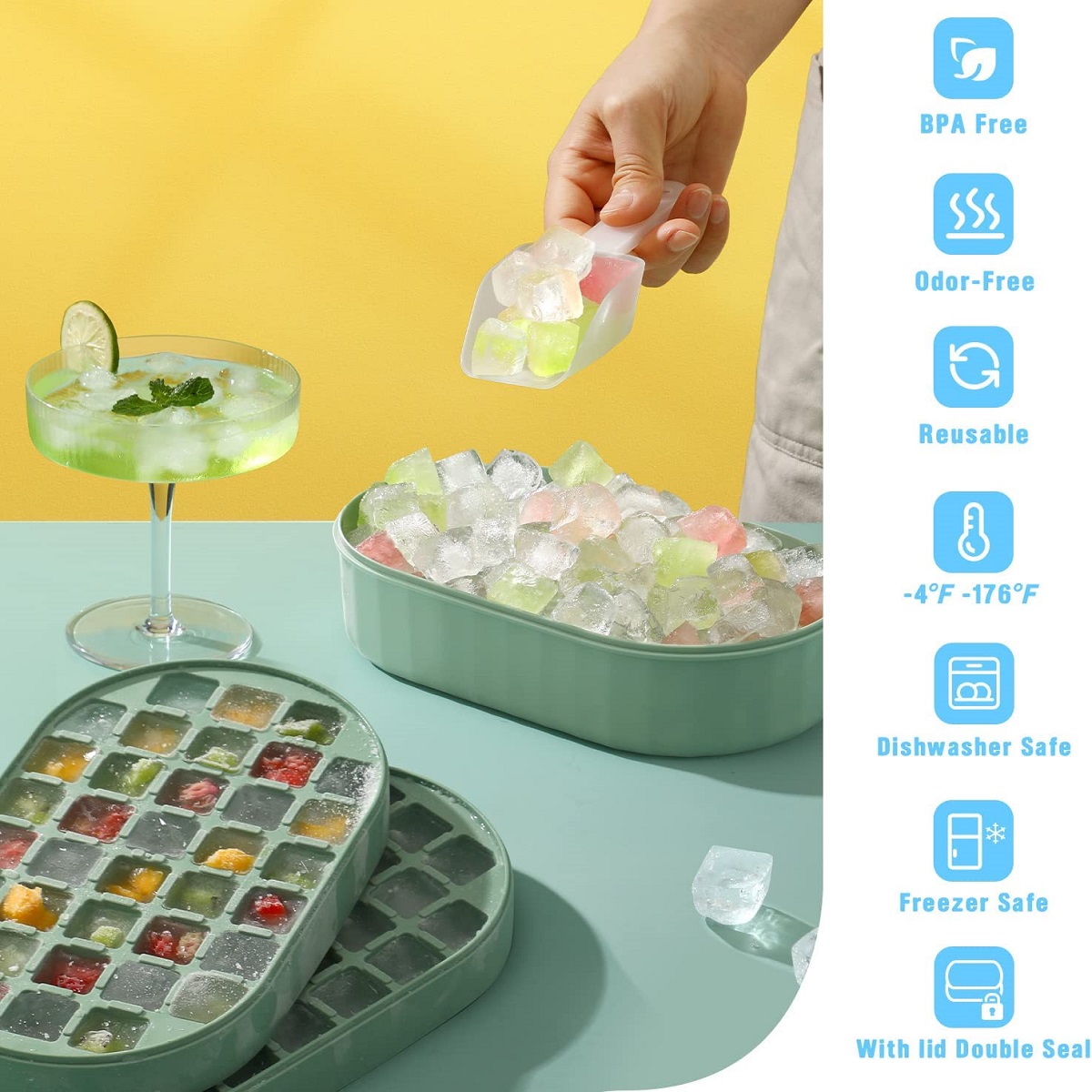 Stackable Double Ice Cube Tray with Lid and Case, Ice Cubes with Container and Spoon Included BPA Free