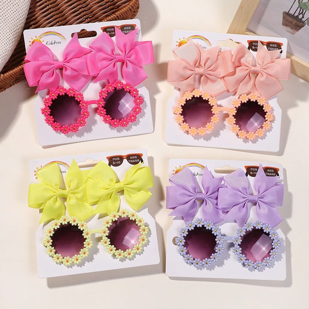 Kids Retro Flower Hairclip Set With Sunglasses Accessories 3 Piece Set