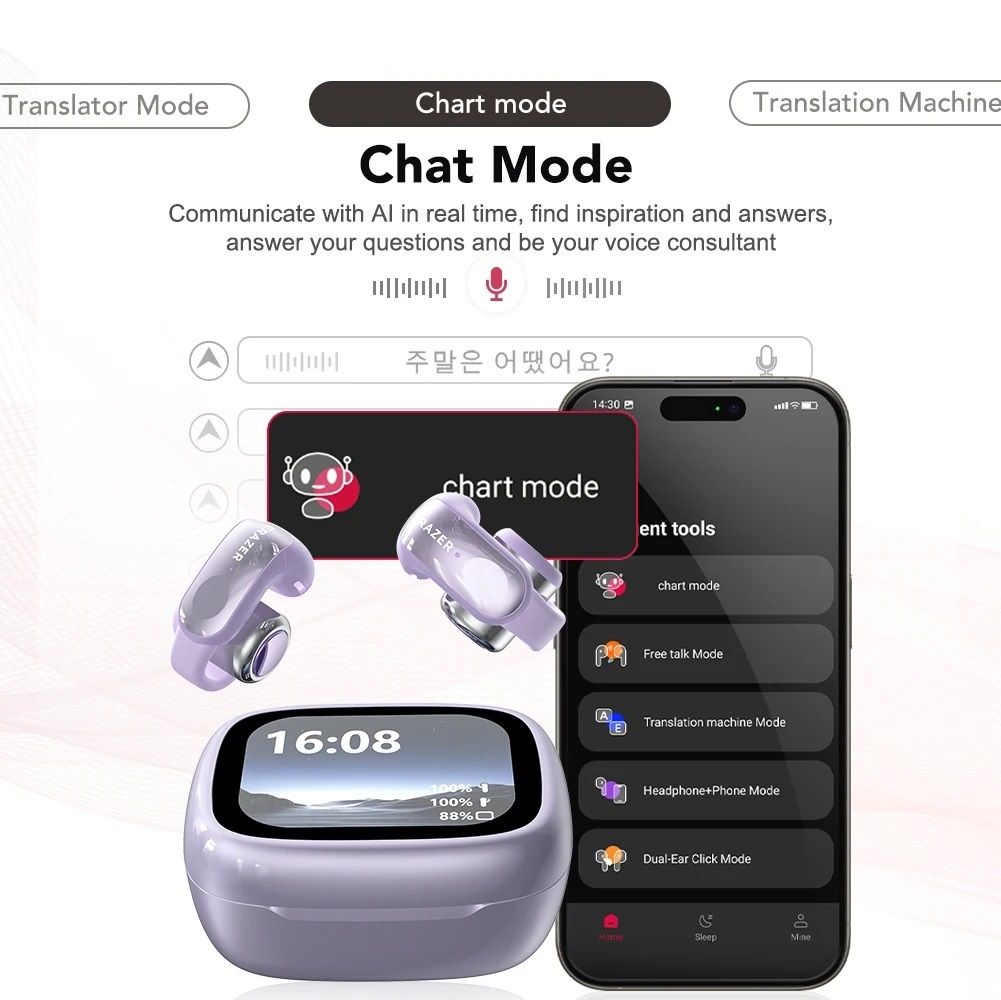 Open Ear Bluetooth Translation Earbuds with Smart Display