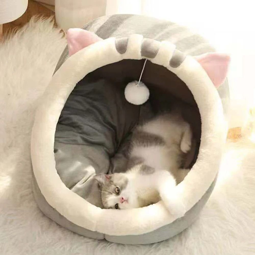 Warm Semi Closed Cat Cave Bed Cozy Winter Pet Nest for Cats and Small Dogs