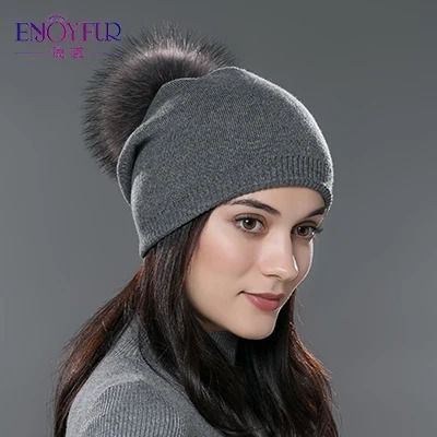 Wool Knit Beanie with Real Fur Pom Pom