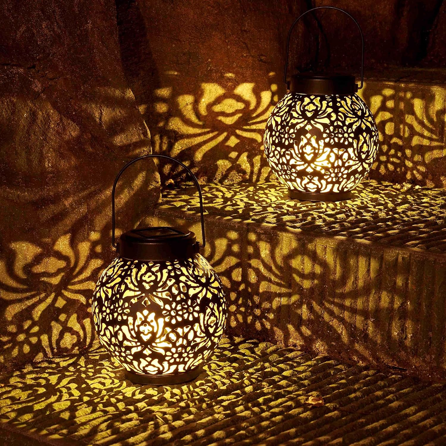 Outdoor Garden Landscape Decoration Solar Lights LED Metal, Water proof Round Lantern Lights, Hanging Hollow Projection