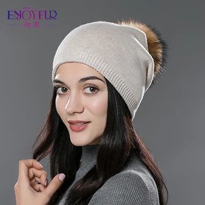Wool Knit Beanie with Real Fur Pom Pom