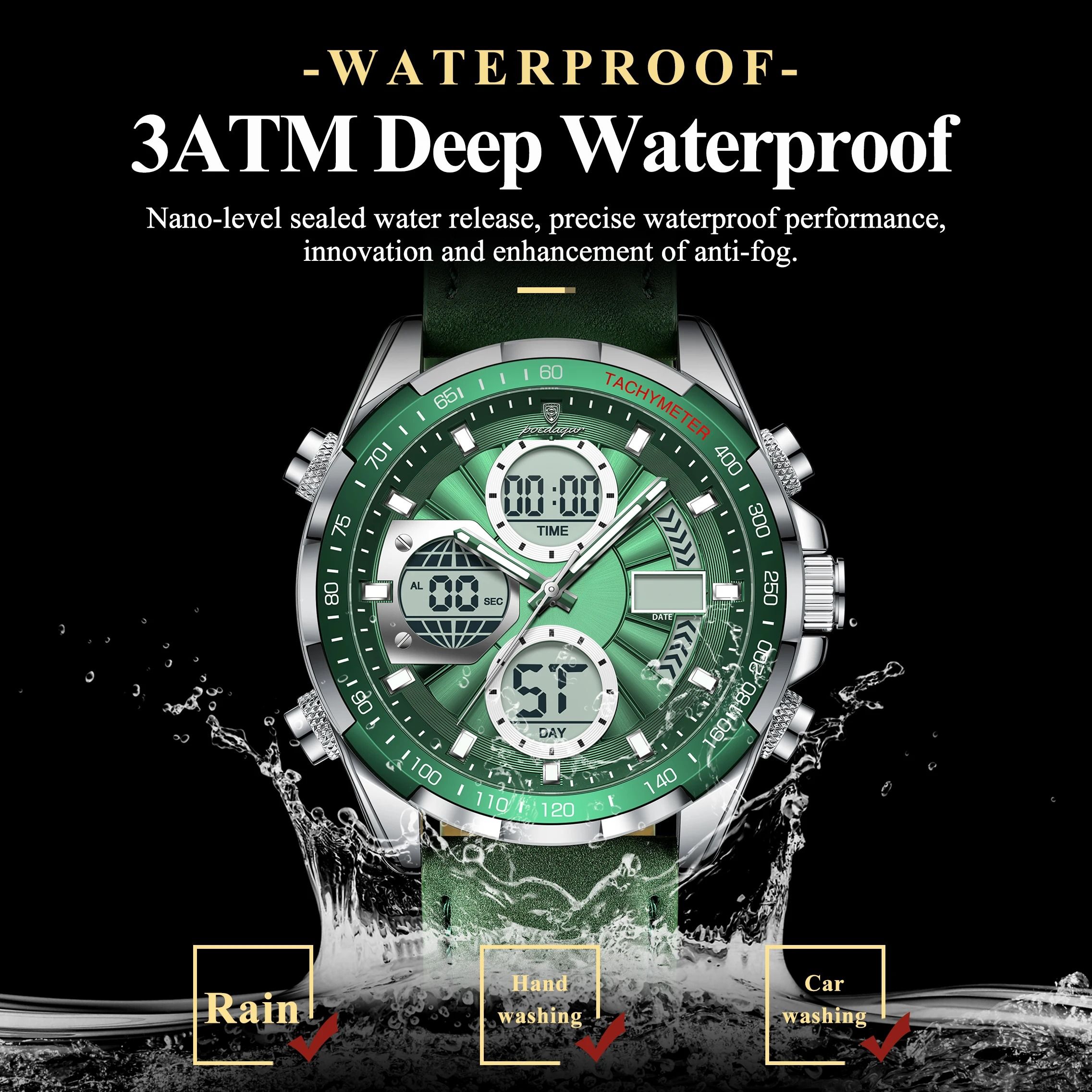 Poedagar LED Dual Time Mens Watch with Week Date Display and Quartz Movement