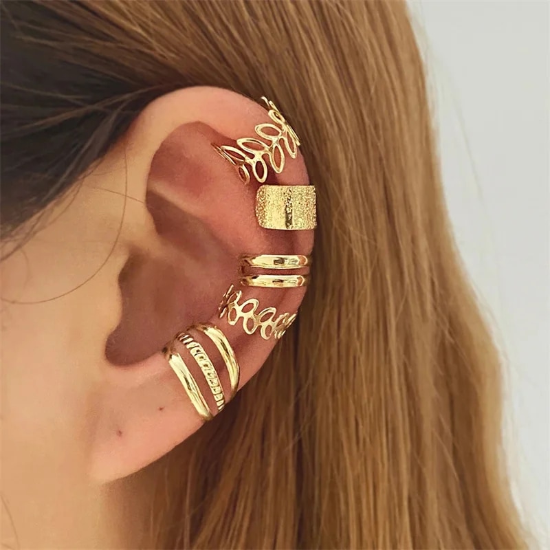 Gold Silver Leaves Clip Earrings: Creative C Butterfly Non-Piercing Ear Cuff Set - Trendy Women's Jewelry