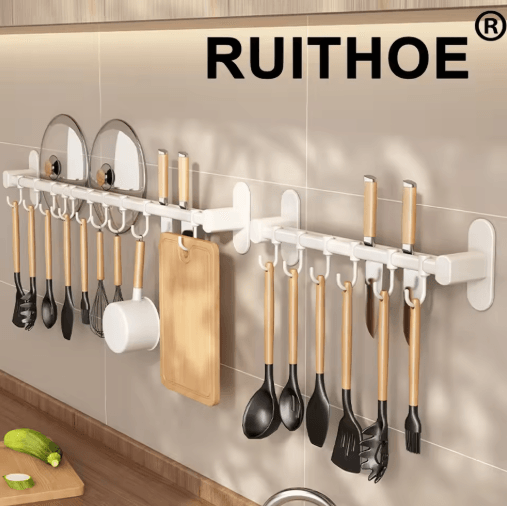 No-Drill Wall Mounted Kitchen Hook Rack with Storage Rail Organizer