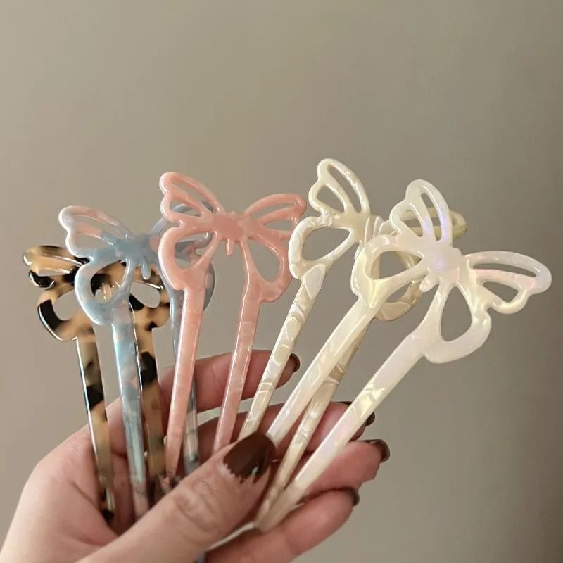 Vintage Leopard Print U Shaped Hair Fork with Elegant Butterfly Design