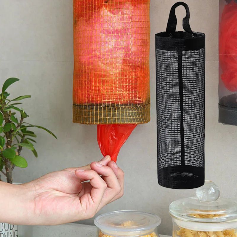 5pcs Hanging Plastic Bag Holder – Mesh Grocery Bag Organizer & Kitchen Trash Bag Dispenser