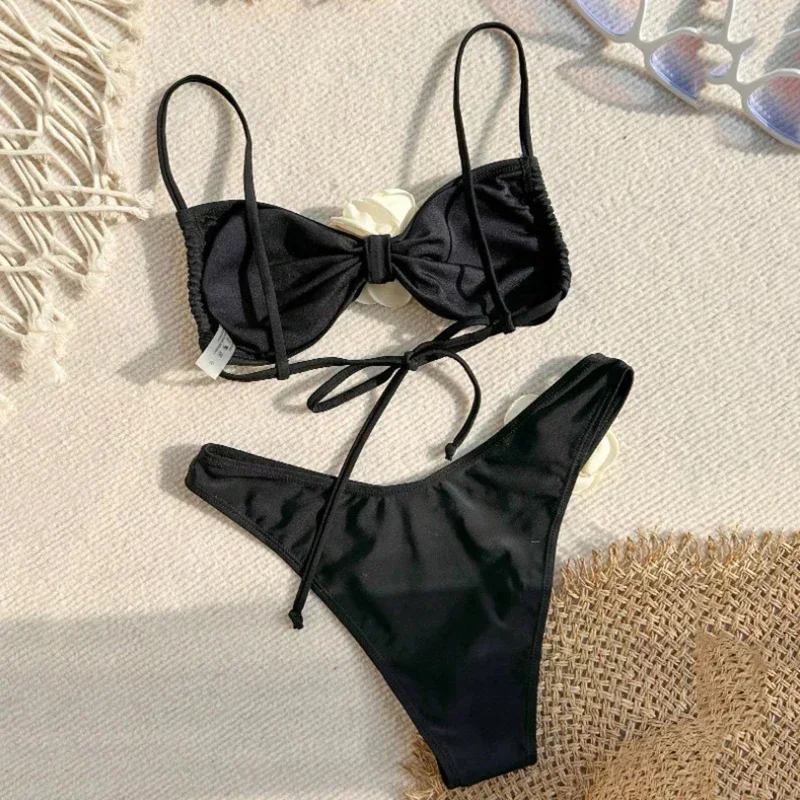 Sexy Flower Bandeau Thong Bikini, Lace-up Swimwear 2025 Women, Brazilian Bikinis Set Mujer, Swimming Bathing Suit