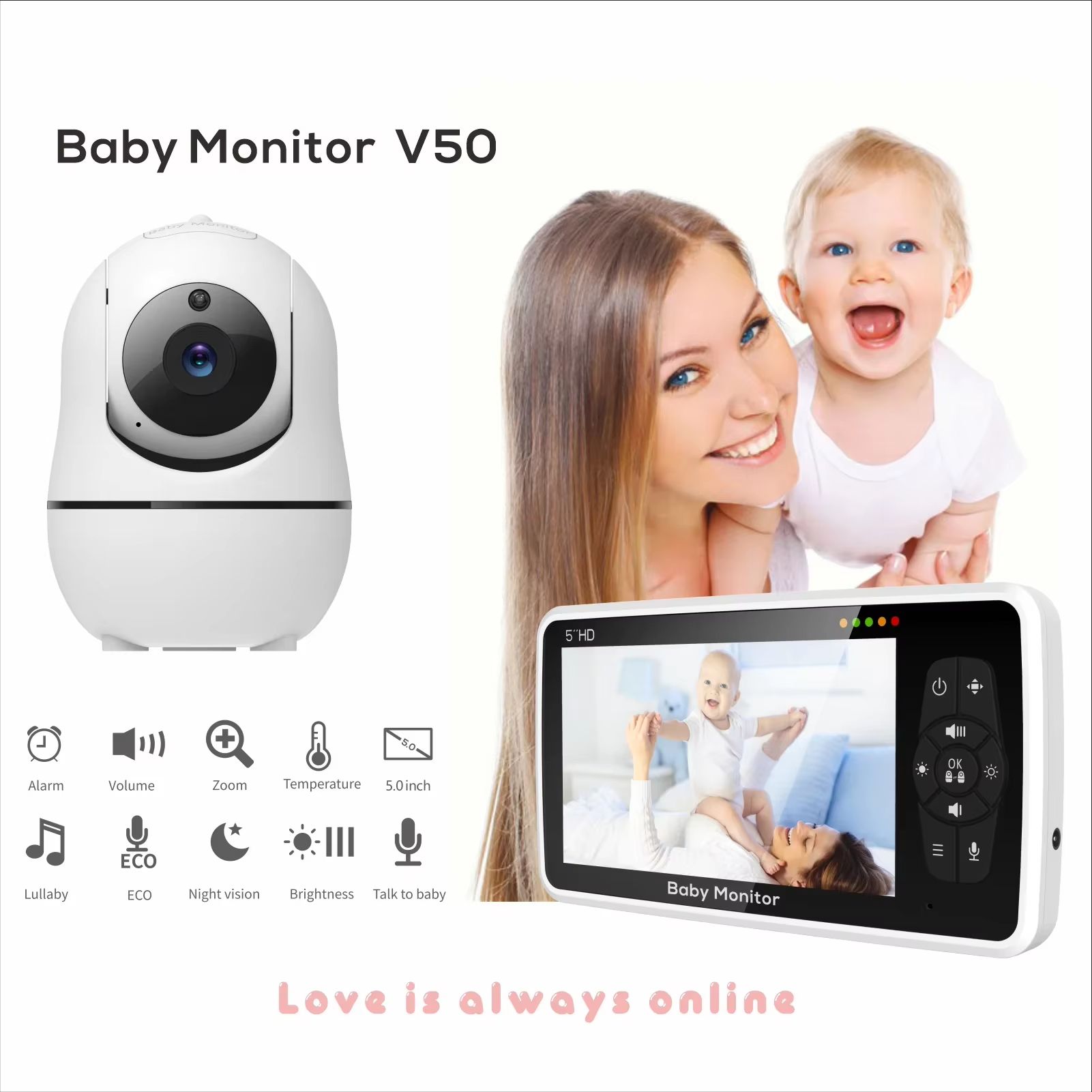 5-Inch Video Baby Monitor with Camera & Audio – Long Range, 22-Hour Battery, 4X Zoom, 2-Way Talk & Temperature Sensor