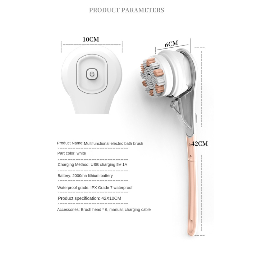 Electric Bath Brush Shower Cleaning Body Massage Brush Multifunctional Brush Spa Waterproof IPX7 Long Handle Back Brush