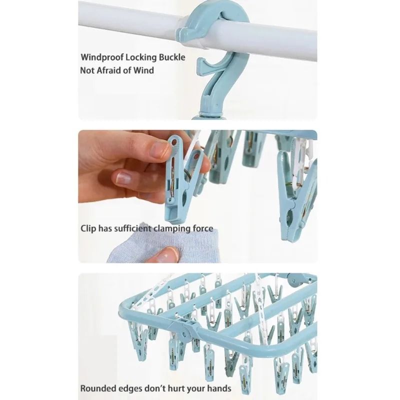 Foldable Clothes Drying Hanger With 32 Clips Space Saving Sock And Underwear Drying Rack