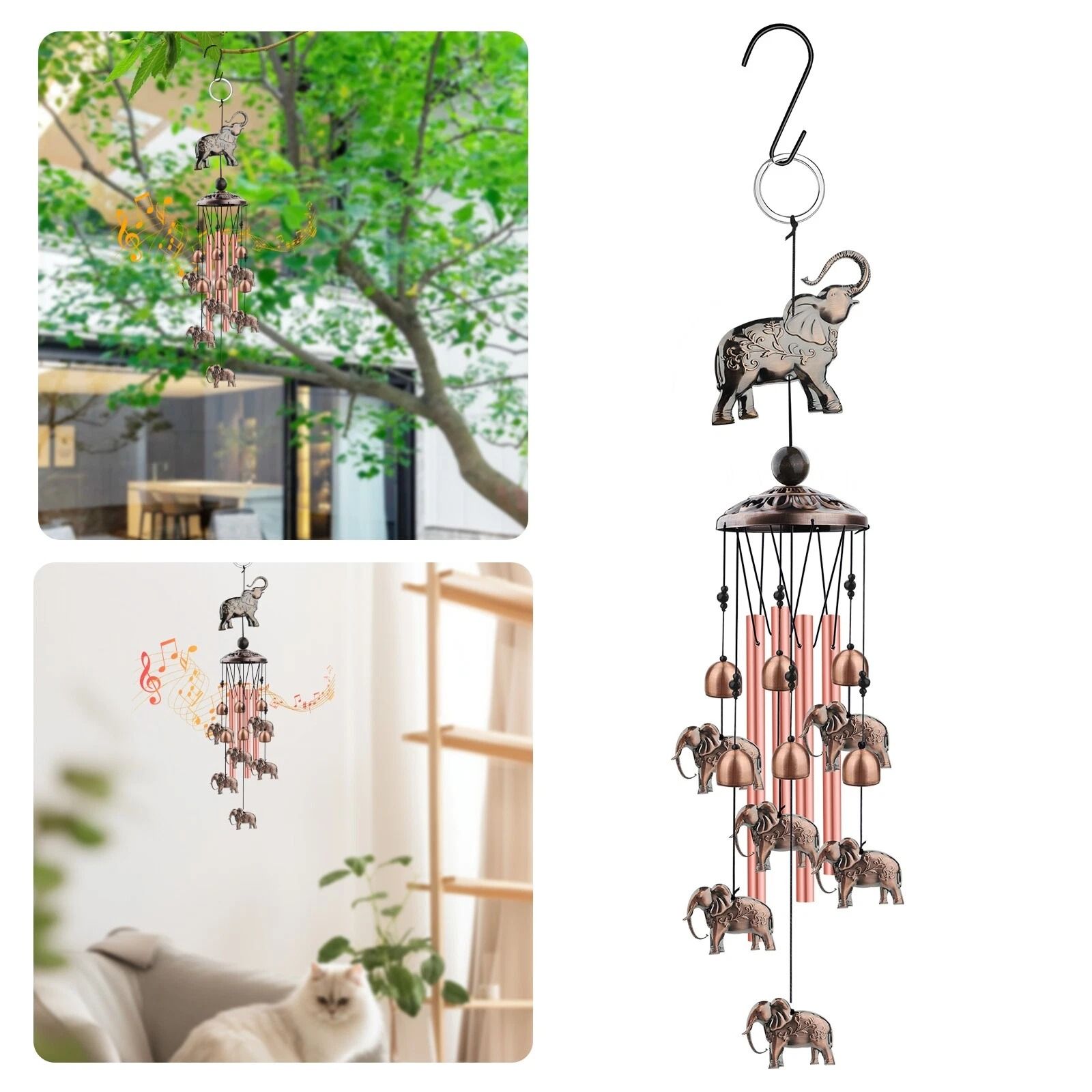 Elephant Wind Chimes, Metal Hanging Bells for Outdoor Garden Decor, Memorial Gift, Calming Sounds for Peaceful