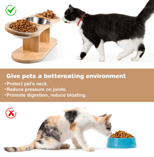 Raised Cat Feeder with 3 Stainless Steel Bowls 15° Ergonomic Wooden Feeding & Watering Station