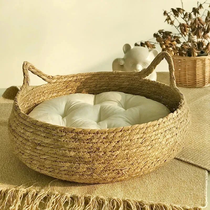Handwoven Rattan Cat Bed with Removable Cushion – Cozy All-Season Cat Nest Baske