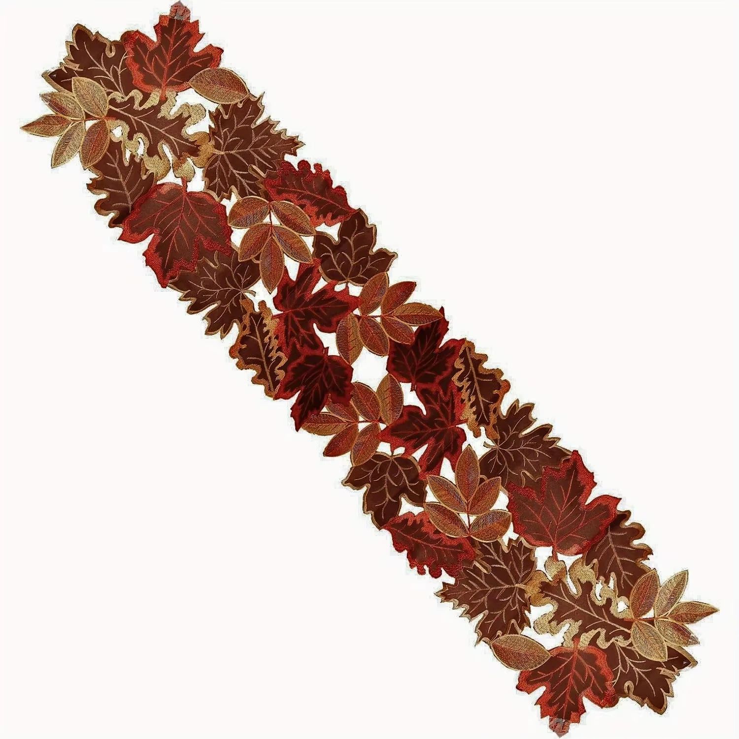 1pc Autumn Maple Leaf Embroidered Table Runner, Flocked Brown Maple Design, Rustic Farmhouse Thanksgiving Harves