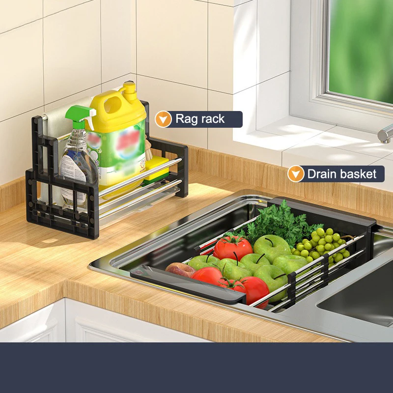 Stainless Steel Kitchen Sink Drain Rack, Extendable Dish Drying Rack, Fruit Vegetable Washing Drainer