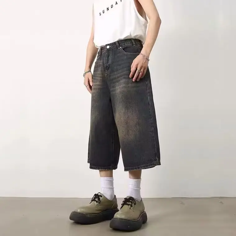 Vintage Mens Denim Shorts, Loose Fit Wide Leg American Style Jeans for Summer, Straight Leg Sensibility Design