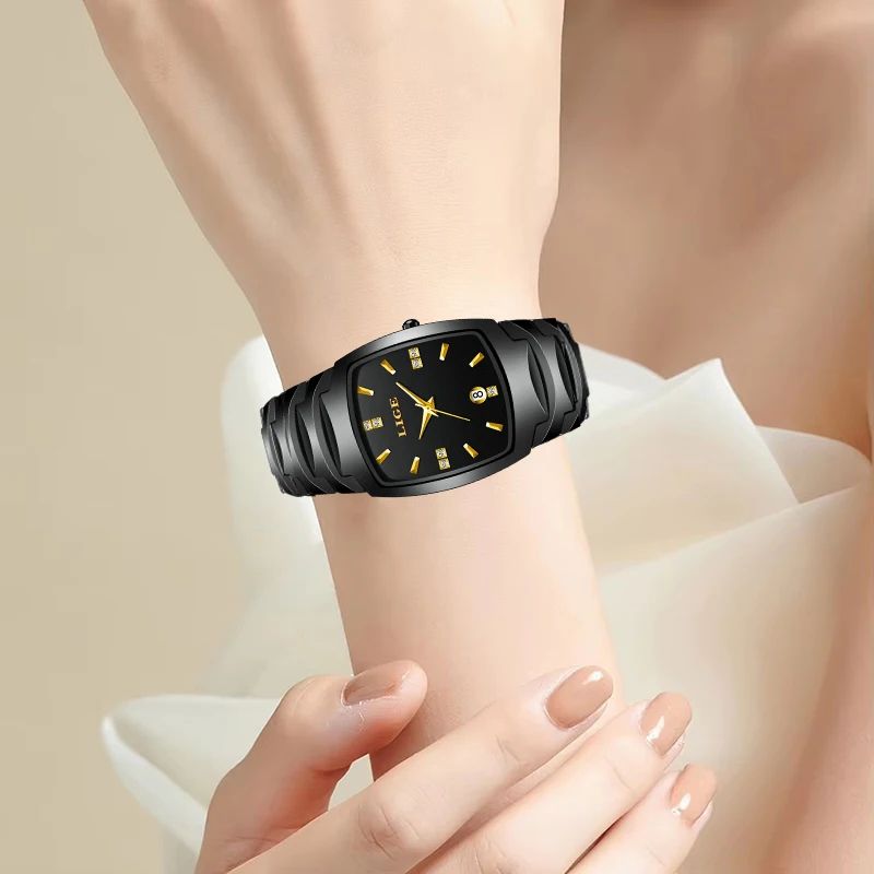LIGE Elegant Square Women's Quartz Watch – Luxury Ceramic Stainless Calendar Ladies Wristwatch