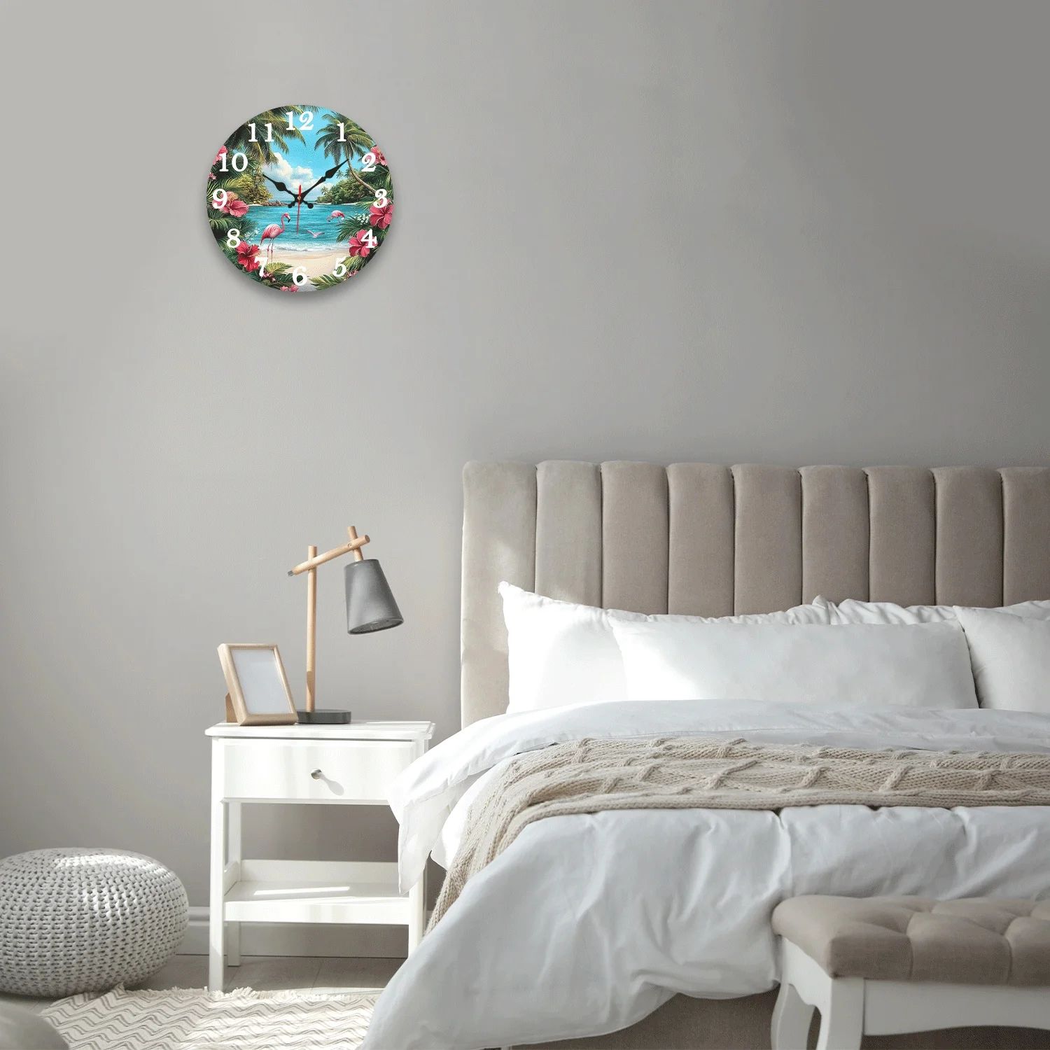 Tropical Flamingo Beach Wall Clock with Silent Quartz Movement & Digital Display