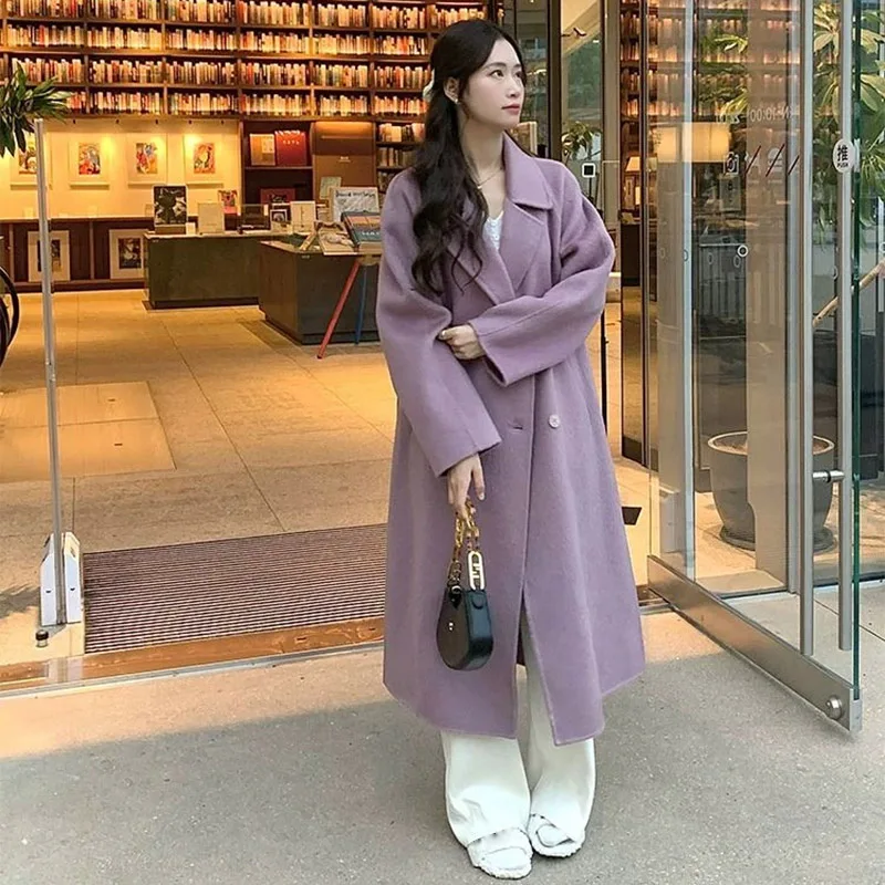 Autumn Winter Women Woolen Coat, Elegant Purple Apricot Mid-Long Jacket, Sweet Lady Chic Style Thermal Outerwear
