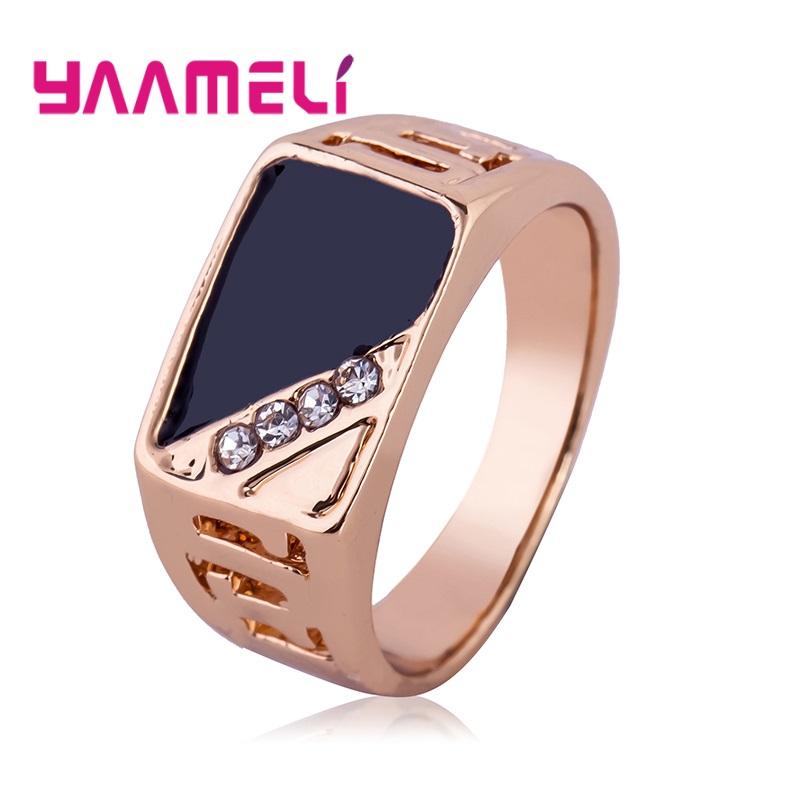 925 Sterling Silver Plated Men's Wide Band Ring with Black & White Rhinestone Square - Unique Statement Hip Hop Jewelry