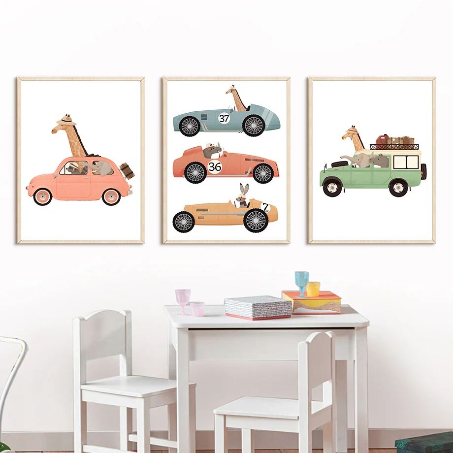 Funny Safari Animals Canvas Wall Art – Elephant & Giraffe Nursery Poster for Kids Bedroom Decor