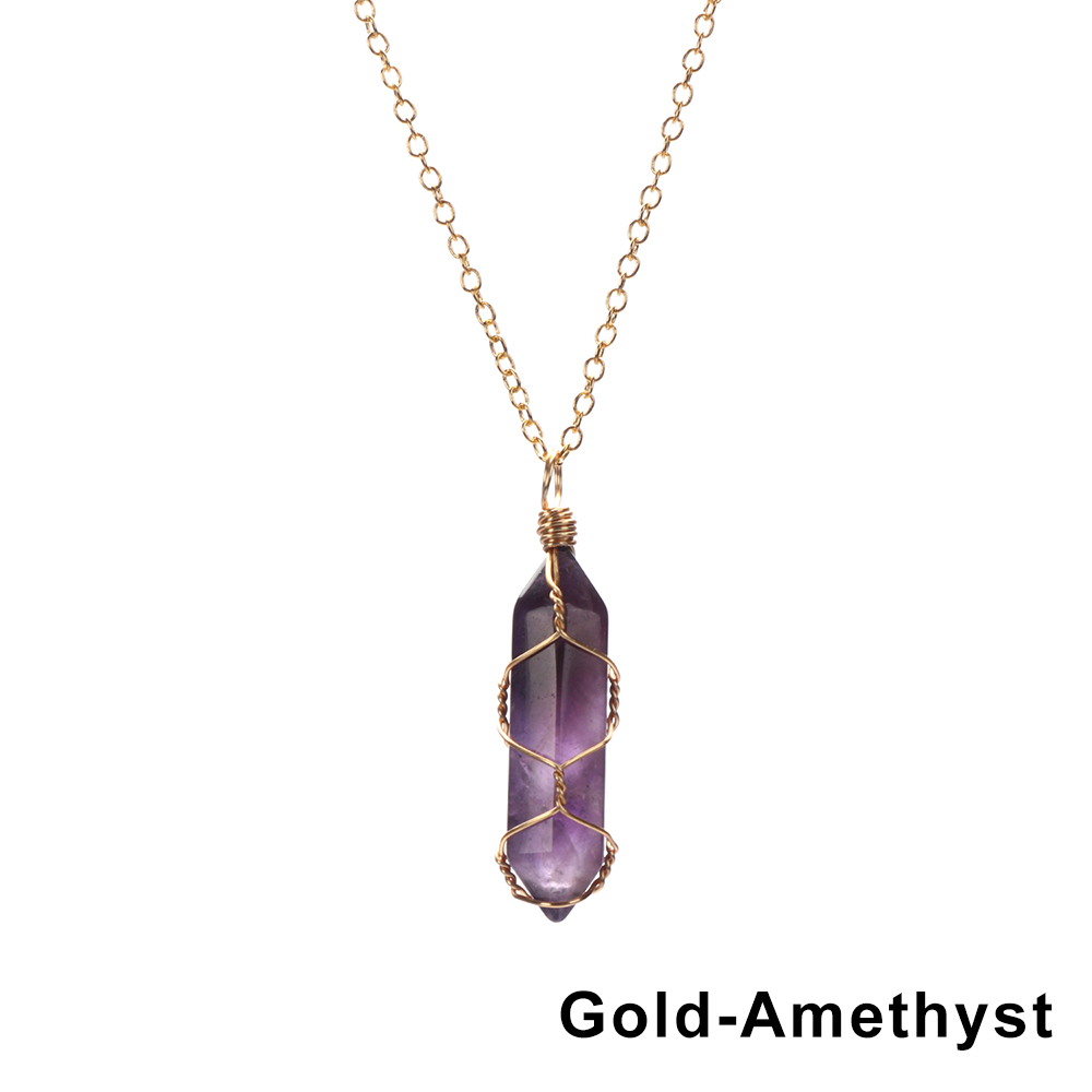 1Pc Fashion Hexagonal Cylindrical Crystal Necklace, Wire Wrap Amethyst Pendant, Natural Stone Valentine Day Gift