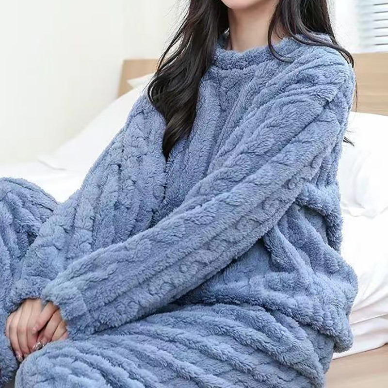 Autumn Women Solid Warm Sets, Thicken Velvet Ribbed Fleece Pullover and Pants, Casual Pajama Sets