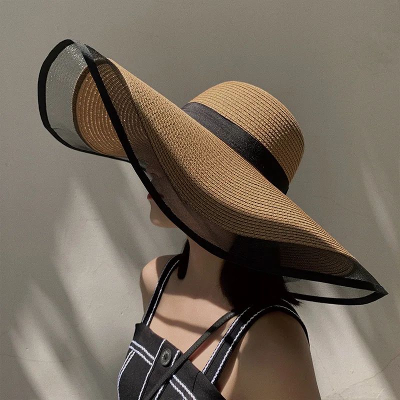 Vintage Foldable Straw Womens Sun Hat with Wide Brim UV Protection Beach Visor