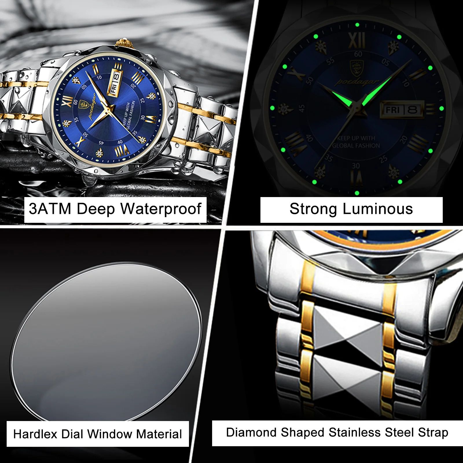 POEDAGAR 615 Luxury Waterproof Stainless Steel Men's Quartz Watch with Luminous Date & Week Display