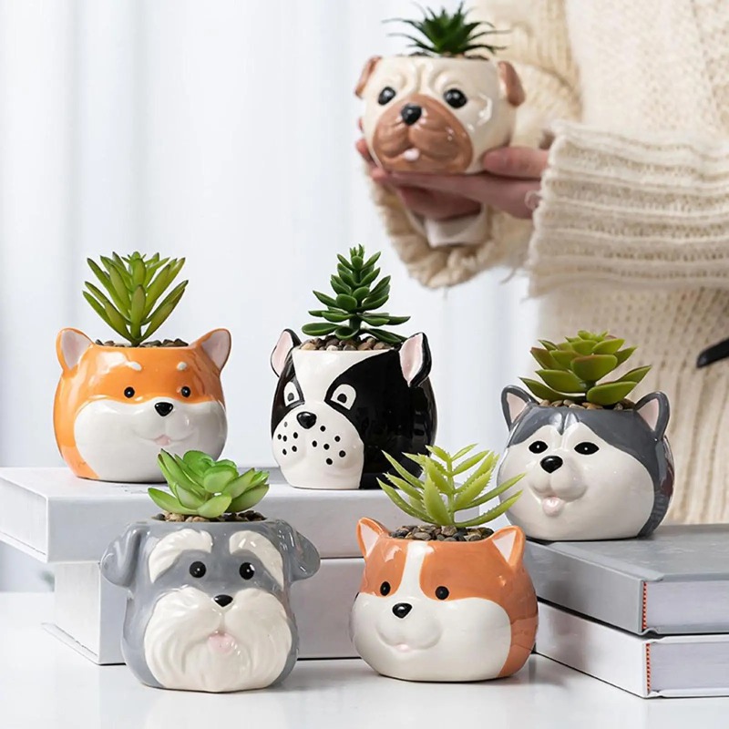 Cute Ceramic Dog Flower Pot Cartoon Succulent Planter Decorative Indoor Plant Holder